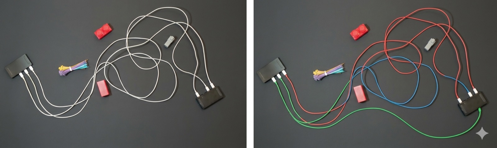 Monochrome scene (left) vs a VLM's hallucinated colored tracing (right)